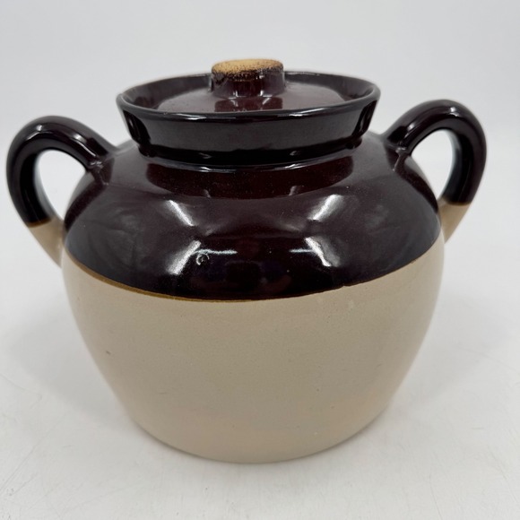 Other - Vintage Stoneware Bean Pot with Lid Two Tone Brown Beige Kitchen Country Decor